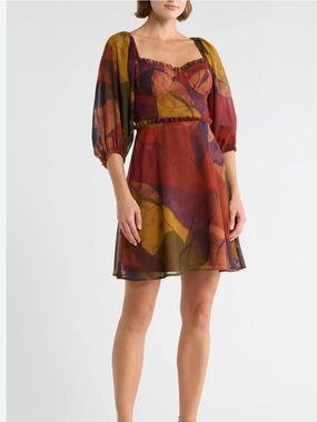 Hutch Adela Balloon-Sleeve Sweetheart Mini Dress warm abstract print size 4 new